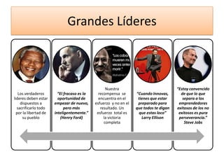 Grandes Líderes

Los verdaderos
lideres deben estar
dispuestos a
sacrificarlo todo
por la libertad de
su pueblo

“El fracaso es la
oportunidad de
empezar de nuevo,
pero más
inteligentemente.”
(Henry Ford)

Nuestra
recompensa se
encuentra en el
esfuerzo y no en el
resultado. Un
esfuerzo total es
la victoria
completa

“Cuando Innovas,
tienes que estar
preparado para
que todos te digan
que estas loco”
Larry Ellison

“Estoy convencido
de que lo que
separa a los
emprendedores
exitosos de los no
exitosos es pura
perseverancia.”
Steve Jobs

 