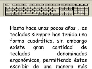 Hasta hace unos pocos años , los teclados siempre han tenido una forma cuadrática, sin embargo existe gran cantidad de teclados denominados ergonómicos, permitiendo éstos escribir de una manera más cómoda al usuario. 