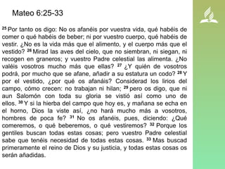Mateo 6:25-33
25 Por tanto os digo: No os afanéis por vuestra vida, qué habéis de
comer o qué habéis de beber; ni por vuestro cuerpo, qué habéis de
vestir. ¿No es la vida más que el alimento, y el cuerpo más que el
vestido? 26 Mirad las aves del cielo, que no siembran, ni siegan, ni
recogen en graneros; y vuestro Padre celestial las alimenta. ¿No
valéis vosotros mucho más que ellas? 27 ¿Y quién de vosotros
podrá, por mucho que se afane, añadir a su estatura un codo? 28 Y
por el vestido, ¿por qué os afanáis? Considerad los lirios del
campo, cómo crecen: no trabajan ni hilan; 29 pero os digo, que ni
aun Salomón con toda su gloria se vistió así como uno de
ellos. 30 Y si la hierba del campo que hoy es, y mañana se echa en
el horno, Dios la viste así, ¿no hará mucho más a vosotros,
hombres de poca fe? 31 No os afanéis, pues, diciendo: ¿Qué
comeremos, o qué beberemos, o qué vestiremos? 32 Porque los
gentiles buscan todas estas cosas; pero vuestro Padre celestial
sabe que tenéis necesidad de todas estas cosas. 33 Mas buscad
primeramente el reino de Dios y su justicia, y todas estas cosas os
serán añadidas.
 