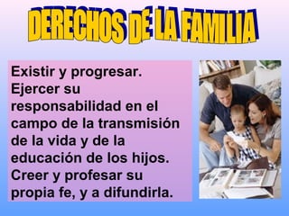 Existir y progresar.
Ejercer su
responsabilidad en el
campo de la transmisión
de la vida y de la
educación de los hijos.
Creer y profesar su
propia fe, y a difundirla.
 
