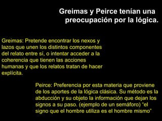 Greimas y Peirce tenían una
                          preocupación por la lógica.

Greimas: Pretende encontrar los nexos y
lazos que unen los distintos componentes
del relato entre sí, o intentar acceder a la
coherencia que tienen las acciones
humanas y que los relatos tratan de hacer
explícita.

              Peirce: Preferencia por esta materia que proviene
              de los aportes de la lógica clásica. Su método es la
              abducción y su objeto la información que dejan los
              signos a su paso. (ejemplo de un semáforo) “el
              signo que el hombre utiliza es el hombre mismo”
 
