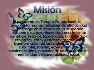 El programa de Terapia Ocupacional, se propone formar profesionales de alta calidad y liderazgo en el estudio de la ocupación humana y sus desordenes con conocimientos científicos, técnicos, tecnológicos, humanísticos, ecológicos, éticos y estéticos, acordes a la transformación de las tendencias políticas culturales, sociales, económicas y de modernización y poseedor de un alto grado de sensibilidad y Responsabilidad social . Misión 