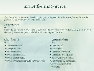 Es el conjunto sistemático de reglas para lograr la máxima eficiencia en la
forma de coordinar un organización.
La Administración
Importanci
a.
Permite el manejo eficiente y optimo de los recursos materiales , humanos y
bienes y servicios para el éxito de una organización.
Clasificació
n.
Internacional.
Comparativa.
Por Objetivos.
De la tecnología.
De la estrategia.
De la Producción y de Operaciones
Característic
as.
Universal.
Especifica.
Unidad temporal.
Unidad Jerárquica.
Valor Instrumental.
Amplitud de ejercicio.
Interdisciplinaria
Flexible