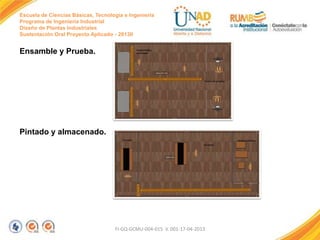 Escuela de Ciencias Básicas, Tecnología e Ingeniería
Programa de Ingeniería Industrial
Diseño de Plantas Industriales
Sustentación Oral Proyecto Aplicado - 2013II

Ensamble y Prueba.

Pintado y almacenado.

FI-GQ-GCMU-004-015 V. 001-17-04-2013

 