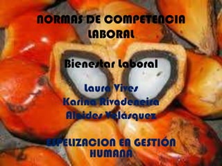 NORMAS DE COMPETENCIA
LABORAL
Bienestar Laboral
Laura Vives
Karina Rivadeneira
Alcides Velásquez
ESPELIZACION EN GESTIÓN
HUMANA

 