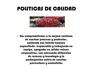 POLITICAS DE CALIDAD

• Nos comprometemos a la mejora continua
de nuestros procesos y productos,
contando con talento humano
capacitado, responsable y trabajando en
equipo, apoyados en solidos valores
corporativos, con adecuada utilización
de recursos y tecnología y la
participación activa de nuestros
proveedores y contratistas

 