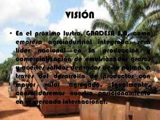 VISIÓN
• En el próximo lustro, GRADESA S.A. como
empresa agroindustrial integrada, será
líder nacional en la producción y
comercialización de emulsionados grasos
y aceites solidos derivados de la palma, a
través del desarrollo de productos con
mayor valor agregado. Igualmente,
consolidaremos nuestro posicionamiento
en el mercado internacional.

 