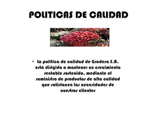 POLITICAS DE CALIDAD

• La política de calidad de Gradesa S.A.
está dirigida a mantener un crecimiento
rentable sostenido, mediante el
suministro de productos de alta calidad
que satisfacen las necesidades de
nuestros clientes

 