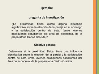 Ejemplo:
pregunta de investigación
¿La proximidad física ejerce alguna influencia
significativa sobre la elección de la pareja en el noviazgo
y la satisfacción dentro de ésta. (entre jóvenes
oaxaqueños estudiantes del área de economía, de la
preparatoria Carlos Gracida)?
Objetivo general
•Determinar si la proximidad física, tiene una influencia
significativa sobre la elección de la pareja y la satisfacción
dentro de ésta, entre jóvenes oaxaqueños estudiantes del
área de economía, de la preparatoria Carlos Gracida.
 