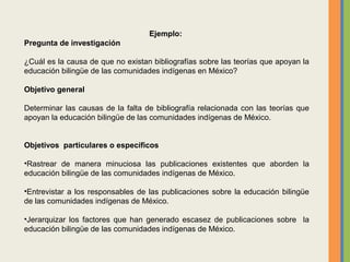 Ejemplo:
Pregunta de investigación
¿Cuál es la causa de que no existan bibliografías sobre las teorías que apoyan la
educación bilingüe de las comunidades indígenas en México?
Objetivo general
Determinar las causas de la falta de bibliografía relacionada con las teorías que
apoyan la educación bilingüe de las comunidades indígenas de México.
Objetivos particulares o específicos
•Rastrear de manera minuciosa las publicaciones existentes que aborden la
educación bilingüe de las comunidades indígenas de México.
•Entrevistar a los responsables de las publicaciones sobre la educación bilingüe
de las comunidades indígenas de México.
•Jerarquizar los factores que han generado escasez de publicaciones sobre la
educación bilingüe de las comunidades indígenas de México.
 