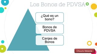 Los Bonos de PDVSA
Chourio Melanie
¿Qué es un
bono?
Bonos de
PDVSA
Canjes de
Bonos
 
