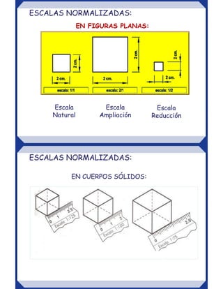 ESCALAS NORMALIZADAS:
Escala
Natural
Escala
Ampliación
Escala
Reducción
EN FIGURAS PLANAS:
ESCALAS NORMALIZADAS:
EN CUERPOS SÓLIDOS:
 