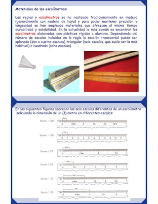 Materiales de los escalímetros:
Las reglas y escalímetros se ha realizado tradicionalmente en madera
(generalmente con madera de haya) y para poder mantener precisión y
longevidad se han empleado materiales que ofrezcan al mismo tiempo
durabilidad y estabilidad. En la actualidad lo más común es encontrar los
escalímetros elaborados con plásticos rígidos o aluminio. Dependiendo del
número de escalas incluidas en la regla la sección transversal puede ser
aplanada (dos o cuatro escalas) triangular (seis escalas, que suele ser la más
habitual) o cuadrada (ocho escalas).
En las siguientes figuras aparecen las seis escalas diferentes de un escalímetro
señalando la dimensión de un (1) metro en diferentes escalas:
 