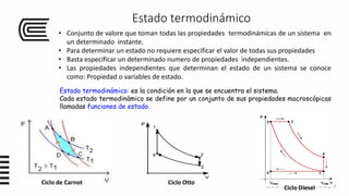 Estado termodinámico
• Conjunto de valore que toman todas las propiedades termodinámicas de un sistema en
un determinado instante.
• Para determinar un estado no requiere especificar el valor de todas sus propiedades
• Basta especificar un determinado numero de propiedades independientes.
• Las propiedades independientes que determinan el estado de un sistema se conoce
como: Propiedad o variables de estado.
Estado termodinámico: es la condición en la que se encuentra el sistema.
Cada estado termodinámico se define por un conjunto de sus propiedades macroscópicas
llamadas funciones de estado.
Ciclo de Carnot Ciclo Otto
Ciclo Diesel
 