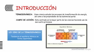 INTRODUCCIÓN
TERMODINÁMICA: Como ciencia estudia los procesos de transformación de energía,
así como a las propiedades de las sustancias puras
CAMPO DE ACCIÓN: Esta centrado en la mayor parte de las ciencias haciendo uso de
sus cuatro principios
LEY CERO DE LA TERMODINÁMICA
Tendencia al equilibrio térmico en
forma espontánea
 