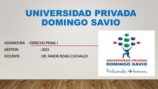 UNIVERSIDAD PRIVADA
DOMINGO SAVIO
ASIGNATURA : DERECHO PENAL I
GESTION : 2023
DOCENTE : DR. FANOR ROJAS CUCHALLO
 