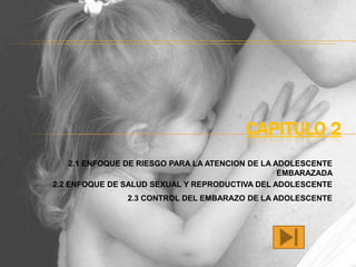 CAPITULO 2
    2.1 ENFOQUE DE RIESGO PARA LA ATENCION DE LA ADOLESCENTE
                                                  EMBARAZADA
2.2 ENFOQUE DE SALUD SEXUAL Y REPRODUCTIVA DEL ADOLESCENTE
                2.3 CONTROL DEL EMBARAZO DE LA ADOLESCENTE
 