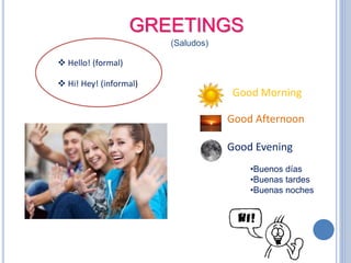 GREETINGS
(Saludos)
Good Morning
Good Afternoon
Good Evening
•Buenos días
•Buenas tardes
•Buenas noches
 Hello! (formal)
 Hi! Hey! (informal)
 
