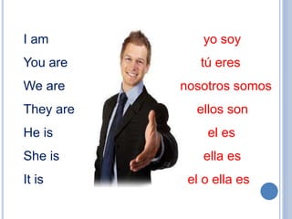 I am yo soy
You are tú eres
We are nosotros somos
They are ellos son
He is el es
She is ella es
It is el o ella es
 