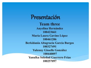 Presentación
Team three
Anyelina Hernández
100423661
María Laura Gavino López
100461206
Berkidania Altagracia García Burgos
100327491
Yulenny Gisselle González
100440097
Yanulka Soledad Guerrero Frías
100257097
 