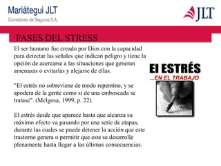 FASES DEL STRESS
El ser humano fue creado por Dios con la capacidad
para detectar las señales que indican peligro y tiene la
opción de acercarse a las situaciones que generan
amenazas o evitarlas y alejarse de ellas.
"El estrés no sobreviene de modo repentino, y se
apodera de la gente como si de una emboscada se
tratase". (Melgosa, 1999, p. 22).
El estrés desde que aparece hasta que alcanza su
máximo efecto va pasando por una serie de etapas,
durante las cuales se puede detener la acción que este
trastorno genera o permitir que este se desarrolle
plenamente hasta llegar a las últimas consecuencias.
 