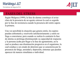 FASES DEL STRESS
Según Melgosa (1999), la fase de alarma constituye el aviso
claro de la presencia de un agente estresor la cual es seguida
por la fase de resistencia cuando la presencia del estrés supera
la primera.
Una vez percibida la situación que genera estrés, los sujetos
pueden enfrentarla y resolverla satisfactoriamente y estrés no
llega a concretarse; pero cuando se realiza lo contrario la fase
de alarma se prolonga disminuyendo su capacidad de respuesta
y la persona acaba por llegar a la fase de agotamiento, en la
cual se produce una disminución progresiva en el organismo, la
cual conduce a un estado de deterioro que se caracteriza por la
presencia de fatiga, ansiedad y depresión, síntomas que pueden
aparecer de manera simultánea o individual.
 