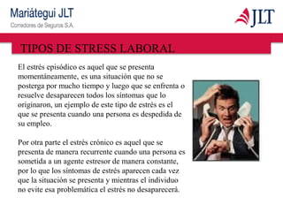 TIPOS DE STRESS LABORAL
El estrés episódico es aquel que se presenta
momentáneamente, es una situación que no se
posterga por mucho tiempo y luego que se enfrenta o
resuelve desaparecen todos los síntomas que lo
originaron, un ejemplo de este tipo de estrés es el
que se presenta cuando una persona es despedida de
su empleo.
Por otra parte el estrés crónico es aquel que se
presenta de manera recurrente cuando una persona es
sometida a un agente estresor de manera constante,
por lo que los síntomas de estrés aparecen cada vez
que la situación se presenta y mientras el individuo
no evite esa problemática el estrés no desaparecerá.
 