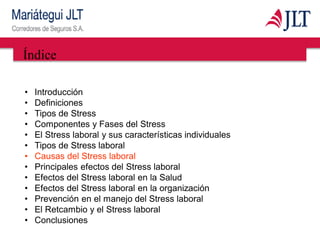 Índice
• Introducción
• Definiciones
• Tipos de Stress
• Componentes y Fases del Stress
• El Stress laboral y sus características individuales
• Tipos de Stress laboral
• Causas del Stress laboral
• Principales efectos del Stress laboral
• Efectos del Stress laboral en la Salud
• Efectos del Stress laboral en la organización
• Prevención en el manejo del Stress laboral
• El Retcambio y el Stress laboral
• Conclusiones
 