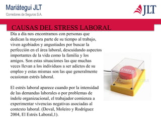 CAUSAS DEL STRESS LABORAL
Día a día nos encontramos con personas que
dedican la mayora parte de su tiempo al trabajo,
viven agobiados y angustiados por buscar la
perfección en el área laboral, descuidando aspectos
importantes de la vida como la familia y los
amigos. Son estas situaciones las que muchas
veces llevan a los individuos a ser adictos de su
empleo y estas mismas son las que generalmente
ocasionan estrés laboral.
El estrés laboral aparece cuando por la intensidad
de las demandas laborales o por problemas de
índole organizacional, el trabajador comienza a
experimentar vivencias negativas asociadas al
contexto laboral. (Doval, Moleiro y Rodríguez
2004, El Estrés Laboral,1).
 