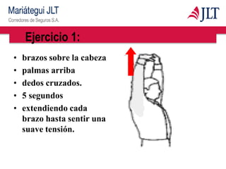 • brazos sobre la cabeza
• palmas arriba
• dedos cruzados.
• 5 segundos
• extendiendo cada
brazo hasta sentir una
suave tensión.
Ejercicio 1:
 