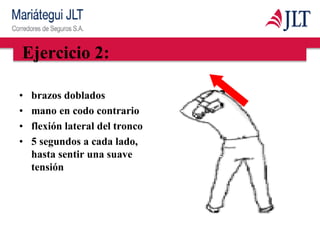 Ejercicio 2:
• brazos doblados
• mano en codo contrario
• flexión lateral del tronco
• 5 segundos a cada lado,
hasta sentir una suave
tensión
 