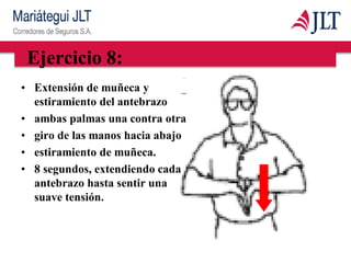 Ejercicio 8:
• Extensión de muñeca y
estiramiento del antebrazo
• ambas palmas una contra otra
• giro de las manos hacia abajo
• estiramiento de muñeca.
• 8 segundos, extendiendo cada
antebrazo hasta sentir una
suave tensión.
 