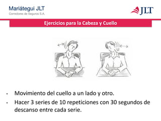 Ejercicios para la Cabeza y Cuello
• Movimiento del cuello a un lado y otro.
• Hacer 3 series de 10 repeticiones con 30 segundos de
descanso entre cada serie.
 