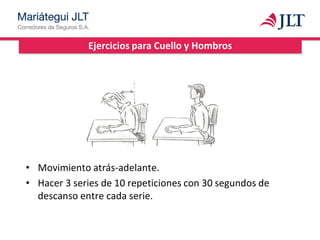 Ejercicios para Cuello y Hombros
• Movimiento atrás-adelante.
• Hacer 3 series de 10 repeticiones con 30 segundos de
descanso entre cada serie.
 
