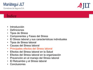 Índice
• Introducción
• Definiciones
• Tipos de Stress
• Componentes y Fases del Stress
• El Stress laboral y sus características individuales
• Tipos de Stress laboral
• Causas del Stress laboral
• Principales efectos del Stress laboral
• Efectos del Stress laboral en la Salud
• Efectos del Stress laboral en la organización
• Prevención en el manejo del Stress laboral
• El Retcambio y el Stress laboral
• Conclusiones
 