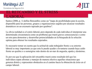 Santos (2006, p. 1) define Retcambio como un "mapa de posibilidades para la acción,
disponible para las personas, grupos y organizaciones urgidos por alcanzar resultados
dramáticos en un escenario tapizado por quiebres".
La obvia realidad es el estrés laboral, pero depende de cada individuo el interpretar una
determinada circunstancia como un problema que traerá graves consecuencias o como
un reto para demostrar y desarrollar potencialidades en la búsqueda de la solución
optima para obtener los resultados esperados.
Es necesario tomar en cuenta que la actitud de cada trabajador frente a su entorno
laboral es muy importante ya que esta le puede ayudar a levantarse cuando haya caído
frente un quiebre o a sumergirse más dentro de un mar de angustia, apatía y desánimo.
Es por eso que la aplicación del retcambio traerá como resultado útil que los
individuos sepan afrontar y manejar de manera efectiva aquellas situaciones que
generen distrés y representen obstáculos en el camino hacia la obtención de éxito en el
campo laboral.
EL RETCAMBIO Y EL STRESS
LABORAL
 