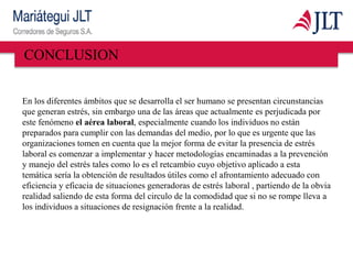 En los diferentes ámbitos que se desarrolla el ser humano se presentan circunstancias
que generan estrés, sin embargo una de las áreas que actualmente es perjudicada por
este fenómeno el aérea laboral, especialmente cuando los individuos no están
preparados para cumplir con las demandas del medio, por lo que es urgente que las
organizaciones tomen en cuenta que la mejor forma de evitar la presencia de estrés
laboral es comenzar a implementar y hacer metodologías encaminadas a la prevención
y manejo del estrés tales como lo es el retcambio cuyo objetivo aplicado a esta
temática sería la obtención de resultados útiles como el afrontamiento adecuado con
eficiencia y eficacia de situaciones generadoras de estrés laboral , partiendo de la obvia
realidad saliendo de esta forma del circulo de la comodidad que si no se rompe lleva a
los individuos a situaciones de resignación frente a la realidad.
CONCLUSION
 