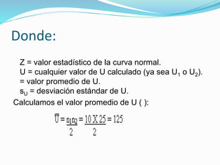 Donde:
Z = valor estadístico de la curva normal.
U = cualquier valor de U calculado (ya sea U1 o U2).
= valor promedio de U.
sU = desviación estándar de U.
Calculamos el valor promedio de U ( ):
 