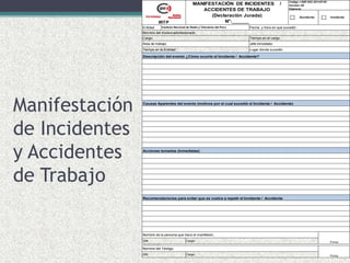 Manifestación
de Incidentes
y Accidentes
de Trabajo
Entidad Instituto Nacional de Radio y Television del Peru Fecha y hora en que sucedió :
Acciones tomadas (inmediatas)
Descripción del evento ¿Cómo ocurrio el Incidente / Accidente?
Area de trabajo:
Causas Aparentes del evento (motivos por el cual sucedió el Incidente / Accidente)
Recomendaciones para evitar que se vuelva a repetir el Incidente / Accidente
Nombre del Testigo:
FirmaDNI: Cargo:
DNI: Cargo: Firma
Nombre de la persona que hace el manifiesto:
Nombre del involucrado/lesionado:
Tiempo en el cargo:
Jefe Inmediato:
Lugar donde sucedió:
MANIFESTACIÓN DE INCIDENTES /
ACCIDENTES DE TRABAJO
(Declaración Jurada)
N°:______
IncidenteAccidente
IRTP
Codigo: I-GAF-002-2014/F-05
Versión: 00
Vigencia:
Cargo:
Tiempo en la Entidad:
 