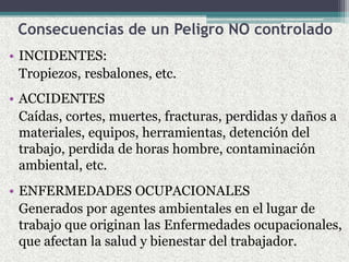Consecuencias de un Peligro NO controlado
• INCIDENTES:
Tropiezos, resbalones, etc.
• ACCIDENTES
Caídas, cortes, muertes, fracturas, perdidas y daños a
materiales, equipos, herramientas, detención del
trabajo, perdida de horas hombre, contaminación
ambiental, etc.
• ENFERMEDADES OCUPACIONALES
Generados por agentes ambientales en el lugar de
trabajo que originan las Enfermedades ocupacionales,
que afectan la salud y bienestar del trabajador.
 