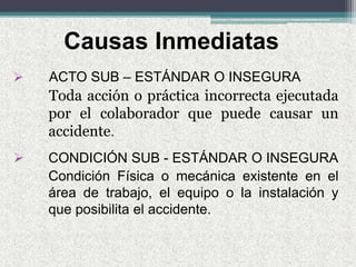  ACTO SUB – ESTÁNDAR O INSEGURA
Toda acción o práctica incorrecta ejecutada
por el colaborador que puede causar un
accidente.
 CONDICIÓN SUB - ESTÁNDAR O INSEGURA
Condición Física o mecánica existente en el
área de trabajo, el equipo o la instalación y
que posibilita el accidente.
Causas Inmediatas
 