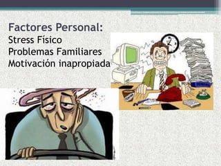 Factores Personal:
Stress Físico
Problemas Familiares
Motivación inapropiada
 