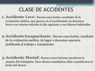 1. Accidente Leve: Suceso cuya lesión, resultado de la
evaluación médica, que genera en el accidentado un descanso
breve con retorno máximo al día siguiente a sus labores habituales
CLASE DE ACCIDENTES
2.AccidenteIncapacitante: Suceso cuya lesión, resultado
de la evaluación médica, da lugar a descanso ausencia
justificada al trabajo y tratamiento.
3.Accidente Mortal: Suceso cuyas lesiones producen la
muerte del trabajador. Para efectos estadísticos debe considerarse la
fecha del deceso
 