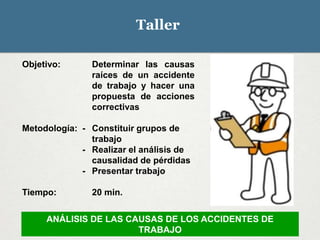 Taller
Objetivo: Determinar las causas
raíces de un accidente
de trabajo y hacer una
propuesta de acciones
correctivas
Metodología: - Constituir grupos de
trabajo
- Realizar el análisis de
causalidad de pérdidas
- Presentar trabajo
Tiempo: 20 min.
ANÁLISIS DE LAS CAUSAS DE LOS ACCIDENTES DE
TRABAJO
 