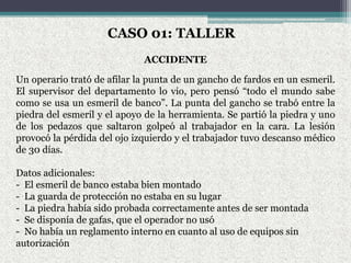 CASO 01: TALLER
ACCIDENTE
Un operario trató de afilar la punta de un gancho de fardos en un esmeril.
El supervisor del departamento lo vio, pero pensó “todo el mundo sabe
como se usa un esmeril de banco”. La punta del gancho se trabó entre la
piedra del esmeril y el apoyo de la herramienta. Se partió la piedra y uno
de los pedazos que saltaron golpeó al trabajador en la cara. La lesión
provocó la pérdida del ojo izquierdo y el trabajador tuvo descanso médico
de 30 días.
Datos adicionales:
- El esmeril de banco estaba bien montado
- La guarda de protección no estaba en su lugar
- La piedra había sido probada correctamente antes de ser montada
- Se disponía de gafas, que el operador no usó
- No había un reglamento interno en cuanto al uso de equipos sin
autorización
 