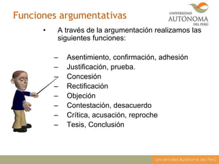Funciones argumentativas
• A través de la argumentación realizamos las
siguientes funciones:
– Asentimiento, confirmación, adhesión
– Justificación, prueba.
– Concesión
– Rectificación
– Objeción
– Contestación, desacuerdo
– Crítica, acusación, reproche
– Tesis, Conclusión
 