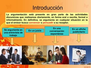 Introducción
La argumentación está presente en gran parte de las actividades
discursivas que realizamos diariamente, en forma oral o escrita, formal o
informalmente. En definitiva, se argumenta en cualquier situación en la
que el emisor busca convencer o persuadir a su receptor.
Se argumenta en
una entrevista de
trabajo
En un juicio
En una
conversación
espontánea
En un afiche
publicitario
 