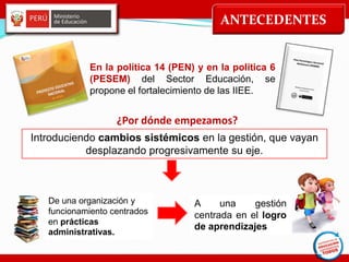 ANTECEDENTES
Introduciendo cambios sistémicos en la gestión, que vayan
desplazando progresivamente su eje.
En la política 14 (PEN) y en la política 6
(PESEM) del Sector Educación, se
propone el fortalecimiento de las IIEE.
De una organización y
funcionamiento centrados
en prácticas
administrativas.
A una gestión
centrada en el logro
de aprendizajes
¿Por dónde empezamos?
 