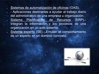 Sistemas de automatización de oficinas (OAS).
- Aplicaciones destinadas a ayudar al trabajo diario
del administrativo de una empresa u organización.
Sistema Planificación de Recursos (ERP).-
Integran la información y los procesos de una
organización en un solo sistema.
Sistema experto (SE).- Emulan el comportamiento
de un experto en un dominio concreto.
 