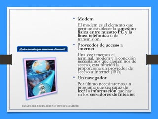 • Modem
El modem es el elemento que
permite establecer la conexión
física entre nuestro PC y la
línea teléfonica o de
transmisión.
• Proveedor de acceso a
Internet
Una vez tenemos el
terminal, modem y la conexión
necesitamos que alguien nos de
acceso, esta función la
proporciona un proveedor de
acceso a Internet (ISP).
• Un navegador
Por último necesitaremos un
programa que sea capaz de
leer la información que hay
en los servidores de Internet
EXÁMEN 1ER. PARCIAL HCD P-12 VICTOR NAVARRETE

 